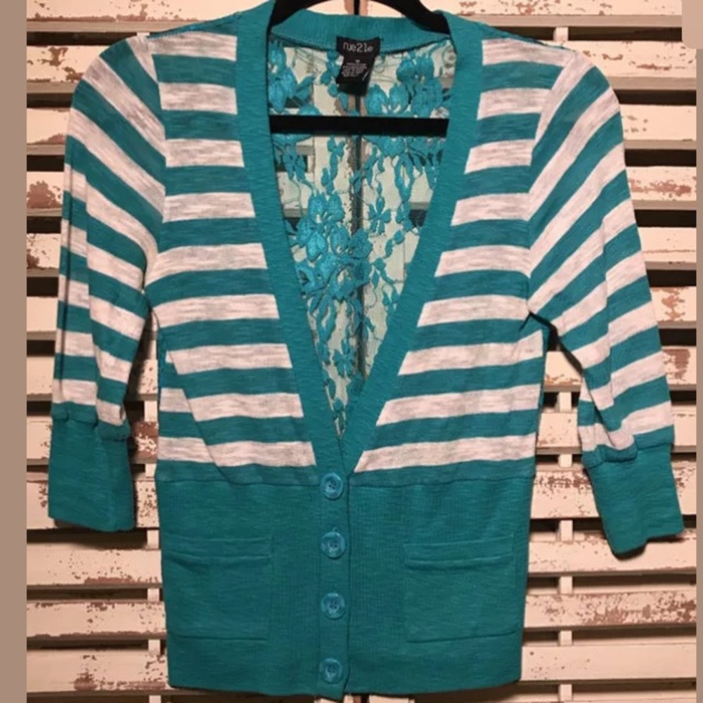 NWOT~RUE 21~GREEN~STRIPE~LACE~TOP/BLOUSE/CARDIGAN